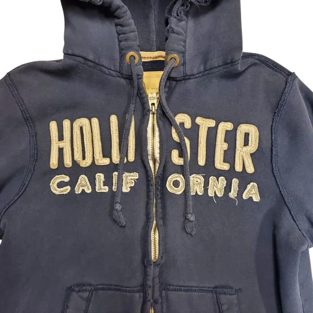 HOLLISTER Sweater Womens Medium Blue Spell Out Pockets Full Zip Hoodie Distress